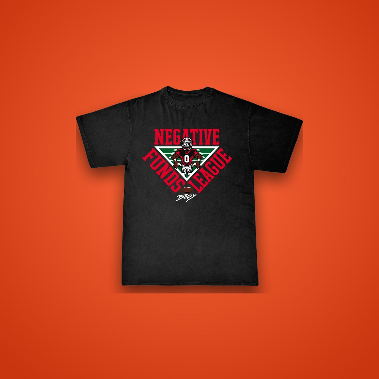 The black BTIDY Negative Funds League tee, with the red and green Negative Funds League graphic across the chest.